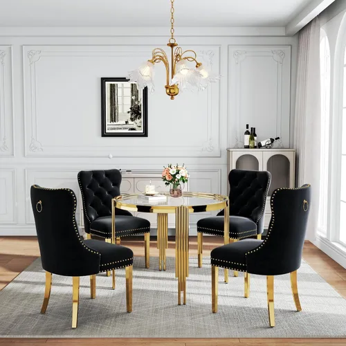 Vista 29 de Juego de mesa de comedor de cristal de 5 piezas para 4, mesa de cocina cuadrada de 37 pulgadas con 4 sillas tapizadas de terciopelo negro, mesa