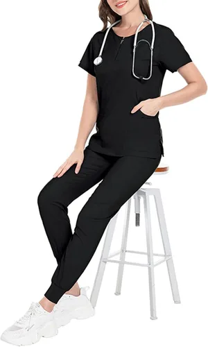 Vista 2 de Conjunto de uniforme médico para mujer, elástico en 4 direcciones, bolsillos ligeros, cuello en V, conjunto de ropa quirúrgica con cordón elástico