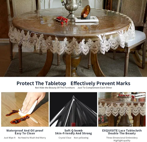 Vista 5 de SUTAVIA - Mantel de TPU transparente 100% impermeable con encaje, protector de mesa PVC a prueba de aceite y derrames, mantel transparente oblongo