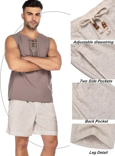 Vista 5 de COOFANDY - Pantalones cortos de lino para hombre, informales, de playa, veraniegos, con cordón y cintura elástica