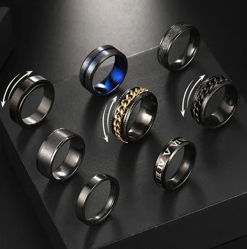 Vista 8 de Anillos de acero inoxidable para hombres, anillos de ansiedad plateados para la ansiedad para mujeres, juego de anillos giratorios geniales, paquete