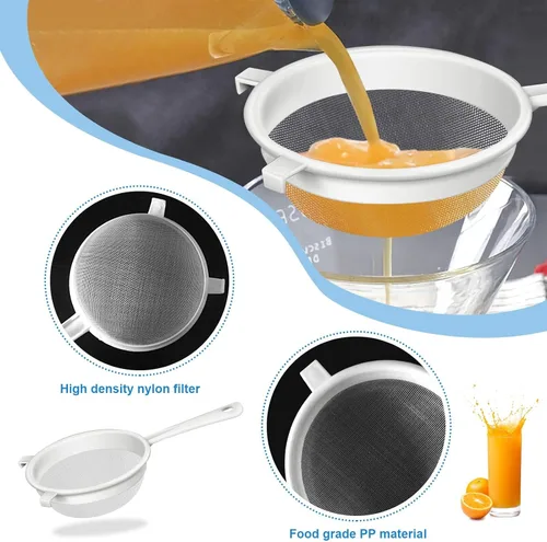 Vista 4 de Juego de 3 coladores de kéfir de malla fina de nailon de plástico con asa, colador de malla fina para yogur, hornear, cocina, kéfir, té, jugo, pasta