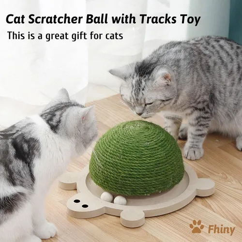 Vista 6 de Fhiny Pelota rascador para gatos, juguete rascador de sisal natural con pista de rodillos y base de madera con forma de tortuga para gatos