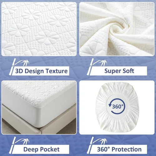 Vista 3 de Protector de colchón impermeable de viscosa de bambú tamaño Queen, funda de colchón refrescante para cama tamaño Queen, funda de colchón súper suave