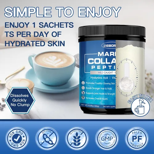 Vista 7 de ZEBORA Polvo de Péptidos de Colágeno Marino con Ácido Hialurónico, Queratina - Colágeno de Pescado Hidrolizado Silvestre con Multivitaminas - Apoyo