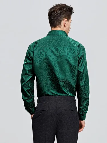 Vista 4 de HISDERN Camisas de vestir de satén brillante para hombre, de lujo, floral, jacquard, de manga larga, a la moda, para bodas, fiestas, bailes