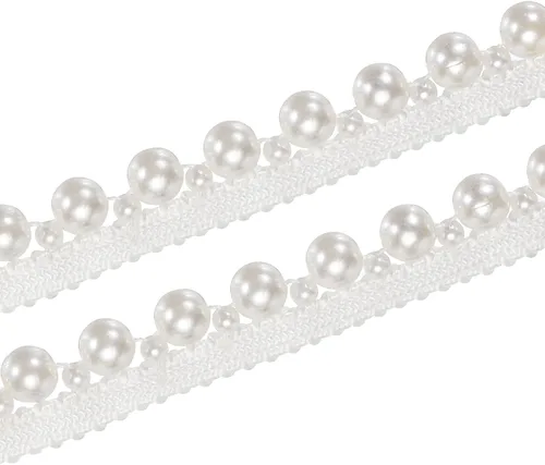 Vista 11 de MECCANIXITY Cinta de encaje de perlas de imitación de 5 yardas, borla, fleco de perlas para boda, fiesta, cinta, decoración de ropa para el cabello