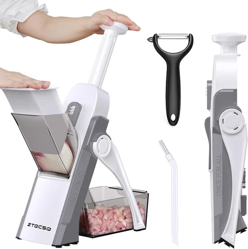 Vista 11 de Cortador de mandolina 5 en 1 seguro para cocina, picador de verduras seguro, cuchillo de pelar, grosor ajustable, fácil de limpiar, rebanador