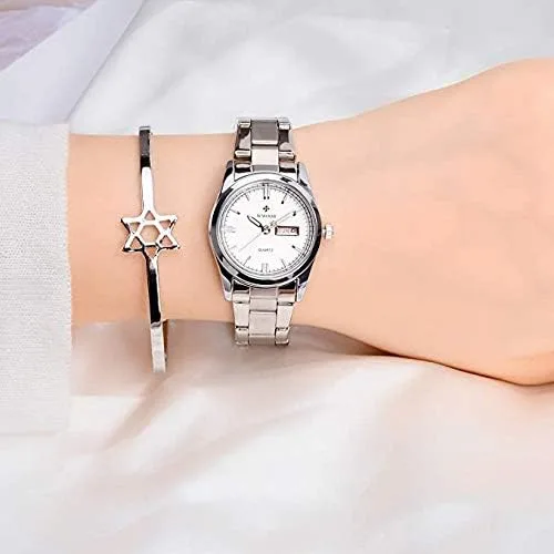 Vista 5 de MASTOP Reloj clásico de moda para mujer, resistente al agua, acero inoxidable, redondo, fecha, analógico, cuarzo, vestido, Blanco, Movimiento