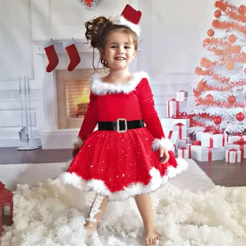 Vista 2 de Conjunto de diademas de vestido de princesa de forro polar de Navidad para niñas pequeñas, trajes de otoño para niñas pequeñas