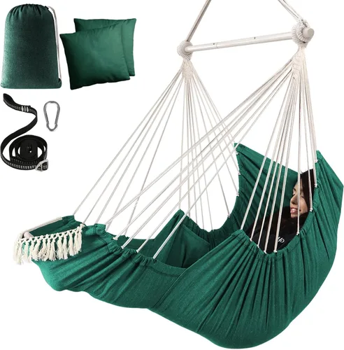 Vista 12 de Chihee Silla hamaca colgante con reposapiés, 2 cojines, máximo 500 libras, barra separadora de metal resistente, plegable, fácil almacenamiento