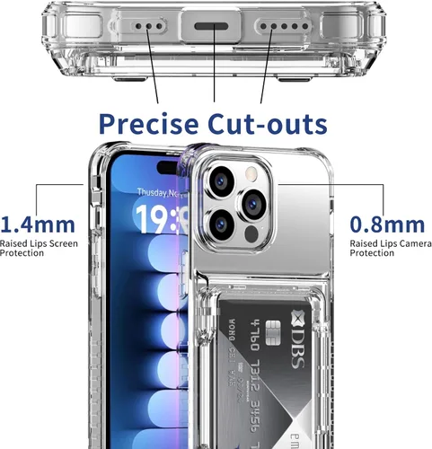 Vista 6 de ACANDYA Funda protectora transparente para iPhone 15 Pro Max con tarjetero de crédito, protección resistente, a prueba de golpes, antiarañazos