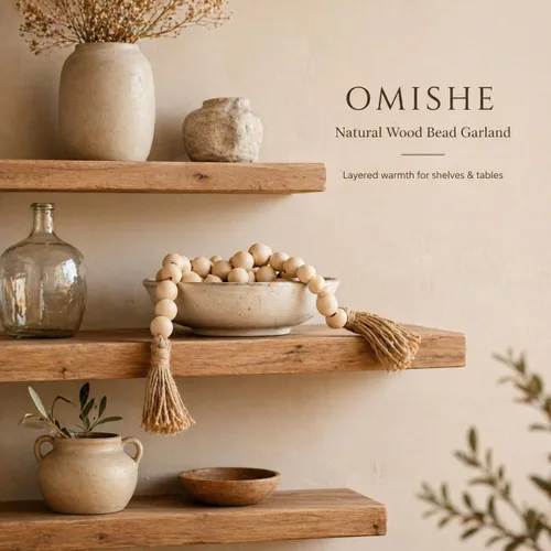 Vista 13 de OMISHE Guirnalda de cuentas de madera extra grande con cuentas de madera y borlas de 1.6 pulgadas de diámetro, cuentas decorativas rústicas de 41