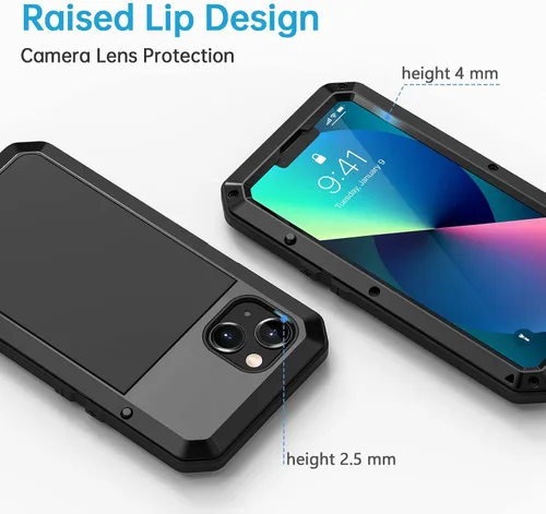 Vista 4 de Lanhiem Funda de metal para iPhone 13, resistente a los golpes, con protector de pantalla de vidrio integrado, funda protectora de cuerpo completo