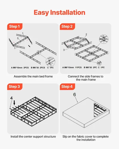 Vista 7 de VEVOR Base de cama tamaño Queen con tela lavable, marco de metal resistente para cama Queen, base de colchón de 4 pulgadas, capacidad máxima