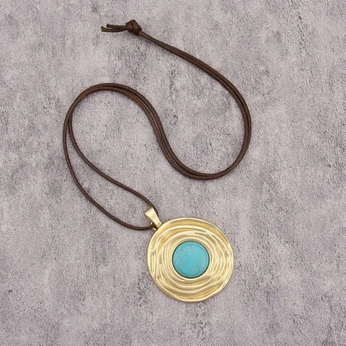 Vista 5 de Collar largo de cuero para mujer, estilo bohemio, círculo, retro, colgante, joyería para mujer