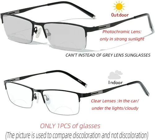 Vista 2 de laureles Gafas de lectura bifocales para hombre, lentes fotocromáticas para negocios, lentes fotocromáticas, metales, medio marco, moda, transición