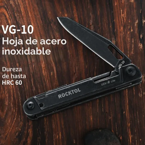 Vista 2 de ROCKTOL Multitool Gen-R Lite, Cuchillo de Bolsillo EDC Retro Negro con Hoja VG10, Multiherramienta Compacta 15-en-1 con Destornillador, Tijeras