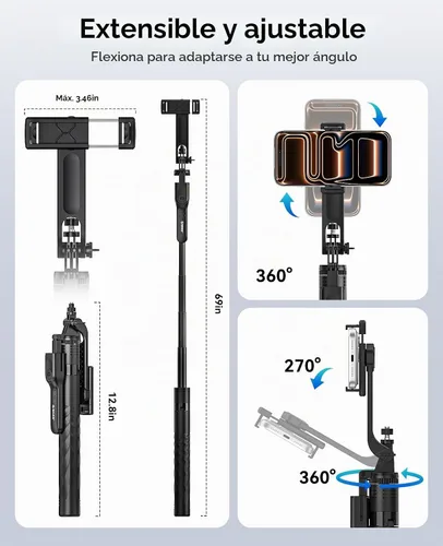 Vista 3 de ORICO Trípode de teléfono de 69 pulgadas, trípode para selfie stick para iPhone con control remoto inalámbrico, soporte giratorio de 360°
