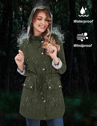 Vista 3 de BBX Lephsnt Abrigos de lluvia para mujer, chaqueta impermeable ligera, rompevientos para exteriores, gabardina con capucha A-verde militar