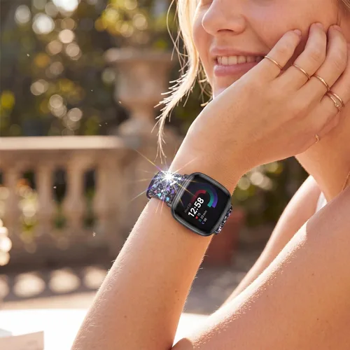 Vista 4 de Correa brillante compatible con Fitbit Versa 4/Fitbit Versa 3/Fitbit Sense 2/Sense Bandas Mujer Bling Glitter Correa de Cuero Accesorio de Correa