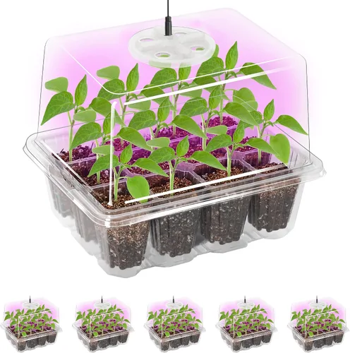 Vista 10 de Bonviee Paquete de 2 bandejas de inicio de semillas con luz para plantas, kits de bandejas de inicio de plántulas elevadas con cúpulas de humedad