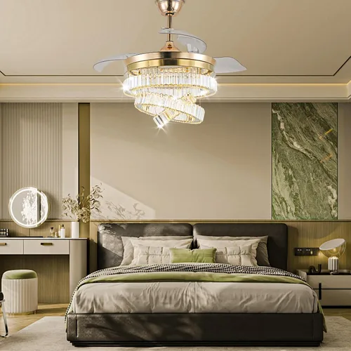 Vista 5 de CLAIRDAI Ventilador de techo de 42" de oro con candelabro de cristal y luces con APP y control remoto, lámparas regulables, 3 cambios