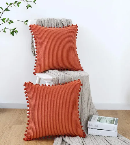 Vista 2 de Juego de 2 fundas de almohada de pana a rayas color naranja quemado