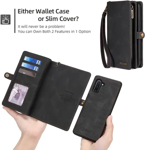 Vista 5 de Asuwish Funda de teléfono para Samsung Galaxy Note 10 5G con cremallera, funda desmontable con protector de pantalla de vidrio templado y tarjetero
