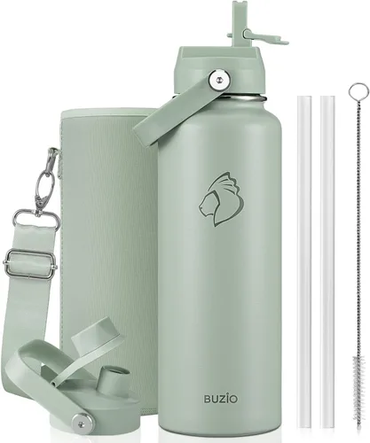 Vista 78 de BUZIO Botella de agua aislada de 24 oz, frasco de agua de boca ancha de acero inoxidable con tapa de pajita, frío durante 48 horas a prueba de Negro