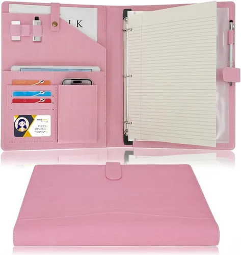 Vista 14 de Portafolio WONDERPOOL A4 de piel sintética con anillo, estuche para documentos con portafolio extraíble, multibolsillo y bloc legal para organizador