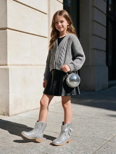 Vista 3 de Coutgo Botas vaqueras para niñas, botas de tacón bajo con purpurina, botas Plateado