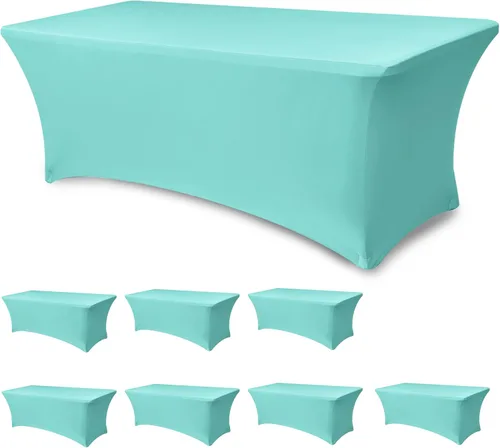 Vista 44 de Funda Elástica para Mesa para Mesas Rectangulares de 4 pies - Paquete de 8 Manteles de Spandex Azul Aguamarina con Elástico - Para Mesas Plegables