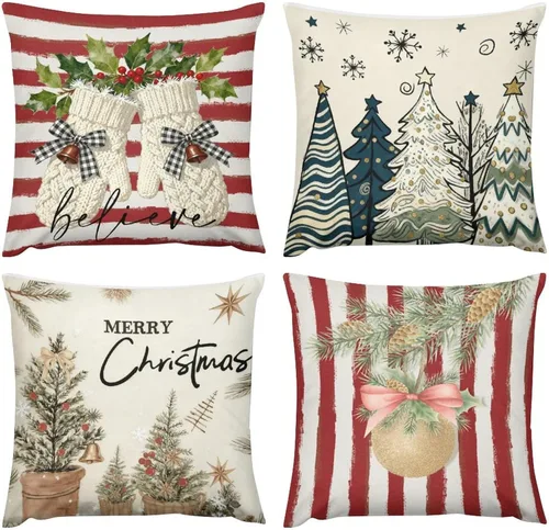 Vista 14 de Juego de 4 fundas de almohada decorativas de árbol de Navidad con estampado de ambos lados, 16 x 16 pulgadas, fundas de almohada de bosque