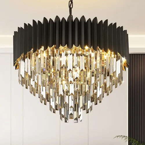 Vista 9 de Candelabro de cristal negro de 20 pulgadas, K9, luces colgantes redondas, ajustables, de 4 niveles, gran lámpara de cristal moderna, 6 luces