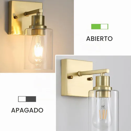 Vista 7 de Paquete de 2 lámparas de pared para sala de estar, luces de tocador de oro cepillado con pantalla de cristal, apliques de pared modernos de granja