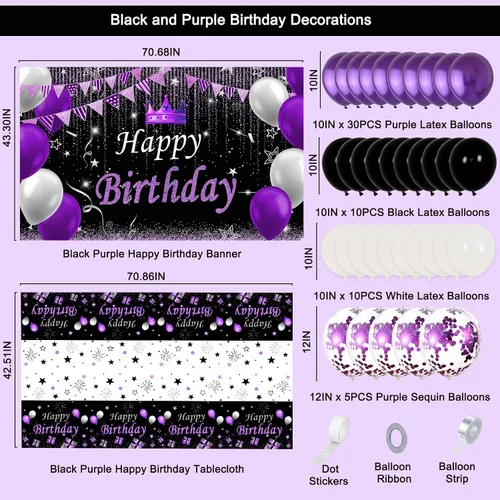 Vista 2 de Decoraciones de fiesta moradas y negras para mujeres, decoraciones de cumpleaños moradas para niñas y hombres con mantel de fondo de feliz