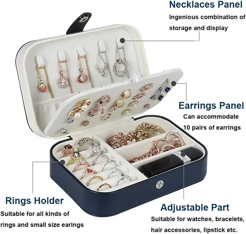Vista 3 de Organizador de joyas de piel sintética de doble capa para mujeres y niñas, caja organizadora de joyas para collares, anillos y aretes
