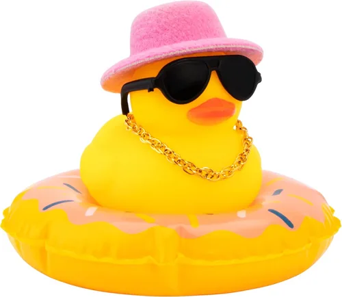 Vista 19 de wonuu Pato de goma para automóvil, decoración de pato amarillo con sombrero para el sol, anillo de natación, collar, gafas de sol para decoración