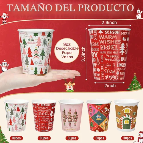 Vista 2 de Gerrii 150 Piezas Vasos de Papel Desechables de Navidad de 9 oz Vasos de Papel de Chocolate Caliente Cacao Vasos para Bebidas de Invierno 5 Diseños