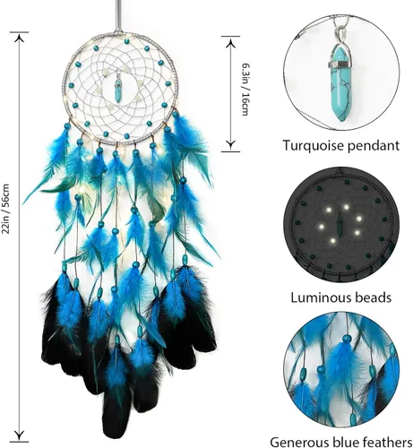 Vista 3 de Dremisland Atrapasueños hecho a mano con plumas azules para colgar en la pared, elegante arte de pared, decoración de habitación para ventanas