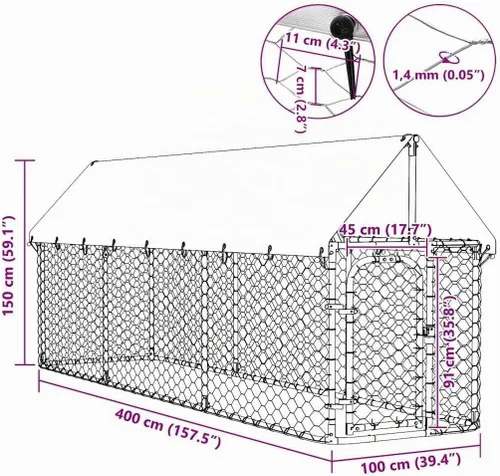 Vista 3 de vidaXL Perrera para perros al aire libre con techo 157.5"x39.4"x59.1