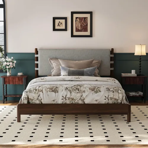 Vista 9 de Merax Moderno juego de base de cama Queen con 2 mesitas de noche, cama de plataforma de madera beige con cabecero y mesitas de noche a juego