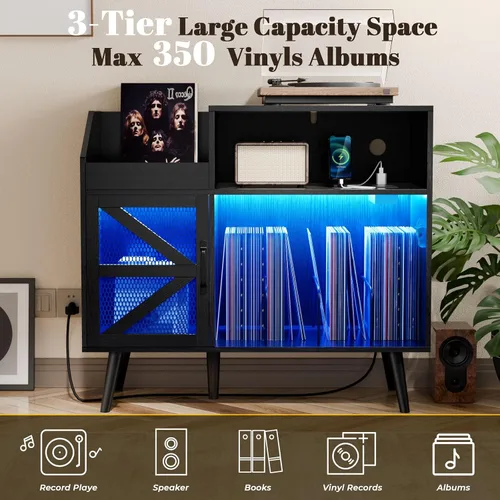 Vista 3 de Loomie Soporte grande para tocadiscos con toma de corriente y luz LED, gabinete de almacenamiento de discos de vinilo 350 con puerta magnética, mesa