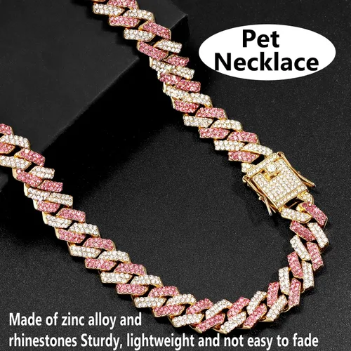 Vista 5 de Collar de cadena dorada para perro, collar cubano de diamantes para caminar, collar de cadena de metal con diseño de hebilla segura, collares
