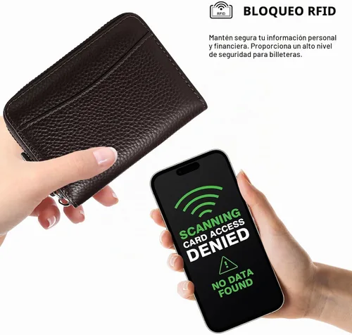 Vista 5 de Cartera de cuero genuino con bloqueo RFID, billetera con cremallera de lujo para mujeres con monedero, Color café, Classic