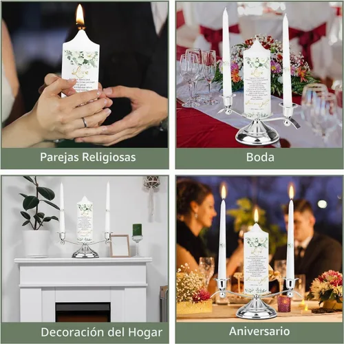 Vista 2 de Juego de 3 velas florales Unity para ceremonia de boda con soporte de plata, accesorios de boda para recepción