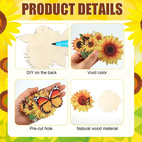 Vista 5 de Qunclay 36 piezas de decoración de árbol de girasol, adornos de madera de verano, flores amarillas de primavera, mariposa, adorno colgante de madera
