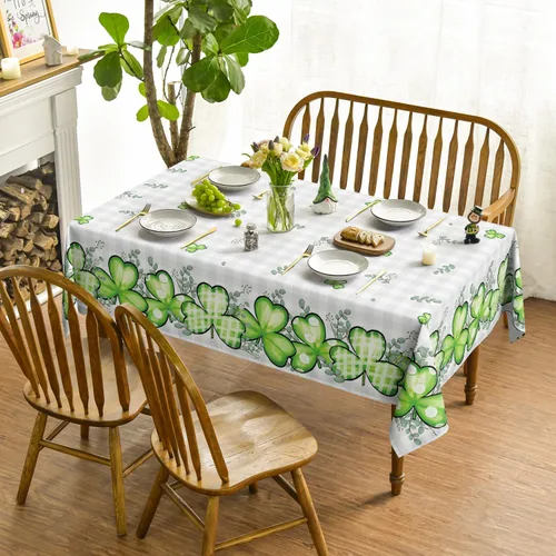 Vista 2 de Horaldaily Mantel rectangular del Día de San Patricio de 52 x 70 pulgadas, mantel lavable de eucalipto de trébol a cuadros de búfalo para decoración
