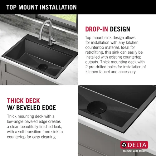 Vista 8 de DELTA FAUCET Delta Rivet 25 Pulgadas de Acero Inoxidable Negro Fregadero de Montaje Superior de Calibre 16 para Cocina con Tarja Única en Acabado